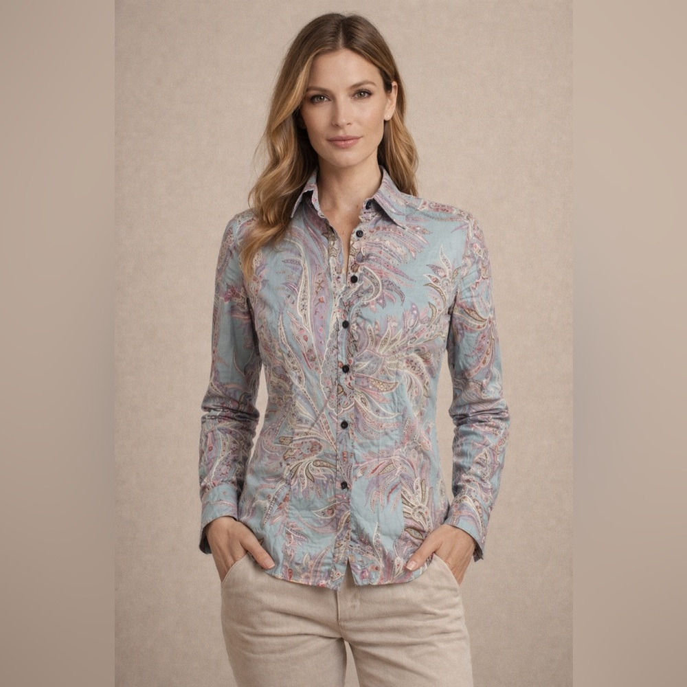 Etro | Paisley Button Down Shirt Made in Italy Light Blue | IT 42 (US 6)